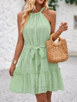 New Women's Mini Dress Casual Dress A Line Dress Stylish Basic Casual Vacation Daily Regular Fit Plain Sleeveless Halter Neck Green Apricot Summer Women Sundresses