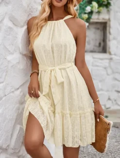 New Women's Mini Dress Casual Dress A Line Dress Stylish Basic Casual Vacation Daily Regular Fit Plain Sleeveless Halter Neck Green Apricot Summer Women Sundresses