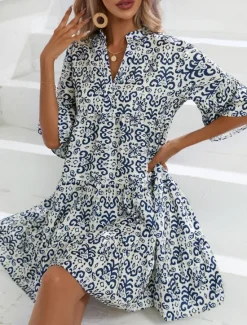 Sale Women's Mini Dress Casual Dress Boho Chic Dresses A Line Dress Boho Dress Bohemia Vintage Vacation Daily Regular Fit Floral 3/4 Length Sleeve Notched Neck Pink Blue Summer Women Floral Dresses