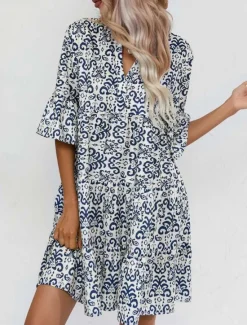 Sale Women's Mini Dress Casual Dress Boho Chic Dresses A Line Dress Boho Dress Bohemia Vintage Vacation Daily Regular Fit Floral 3/4 Length Sleeve Notched Neck Pink Blue Summer Women Floral Dresses