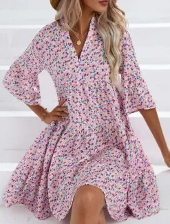 Sale Women's Mini Dress Casual Dress Boho Chic Dresses A Line Dress Boho Dress Bohemia Vintage Vacation Daily Regular Fit Floral 3/4 Length Sleeve Notched Neck Pink Blue Summer Women Floral Dresses