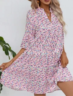 Sale Women's Mini Dress Casual Dress Boho Chic Dresses A Line Dress Boho Dress Bohemia Vintage Vacation Daily Regular Fit Floral 3/4 Length Sleeve Notched Neck Pink Blue Summer Women Floral Dresses