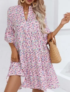 Sale Women's Mini Dress Casual Dress Boho Chic Dresses A Line Dress Boho Dress Bohemia Vintage Vacation Daily Regular Fit Floral 3/4 Length Sleeve Notched Neck Pink Blue Summer Women Floral Dresses