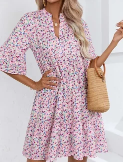 Sale Women's Mini Dress Casual Dress Boho Chic Dresses A Line Dress Boho Dress Bohemia Vintage Vacation Daily Regular Fit Floral 3/4 Length Sleeve Notched Neck Pink Blue Summer Women Floral Dresses