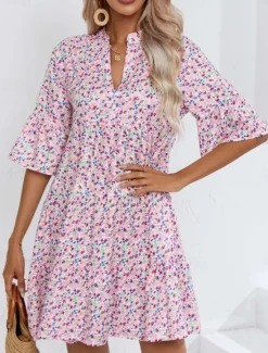 Sale Women's Mini Dress Casual Dress Boho Chic Dresses A Line Dress Boho Dress Bohemia Vintage Vacation Daily Regular Fit Floral 3/4 Length Sleeve Notched Neck Pink Blue Summer Women Floral Dresses