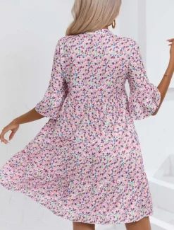 Sale Women's Mini Dress Casual Dress Boho Chic Dresses A Line Dress Boho Dress Bohemia Vintage Vacation Daily Regular Fit Floral 3/4 Length Sleeve Notched Neck Pink Blue Summer Women Floral Dresses