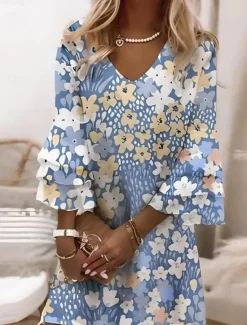 Hot Women's Mini Dress Casual Dress Semi Formal Dress Petite Dress Sundress Streetwear Ruffle Sleeve Vacation Street Date Regular Fit Floral 3/4 Length Sleeve V Neck White Pink Blue Purple Women Spring Dresses|Casual Dress