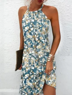 Women's Mini Dress Casual Dress Petite Dress Sundress Summer Dress Vintage Ethnic Vacation Cocktail Party Beach Loose Fit Floral Sleeveless Halter Neck Summer Women Spring Dresses|Sundresses