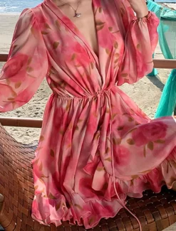 Online Women's Mini Dress Casual Dress A Line Dress Stylish Casual Vacation Daily Regular Fit Floral Long Sleeve V Neck Spring Fall Women Floral Dresses