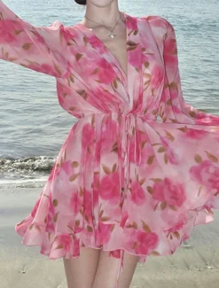 Online Women's Mini Dress Casual Dress A Line Dress Stylish Casual Vacation Daily Regular Fit Floral Long Sleeve V Neck Spring Fall Women Floral Dresses