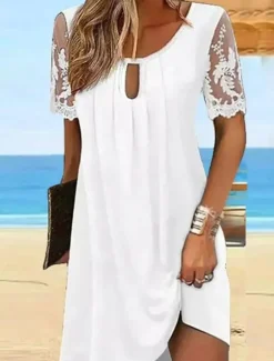 Outlet Women's Mini Dress Casual Dress A Line Dress Stylish Casual Vacation Daily Regular Fit Solid Color Short Sleeve Crew Neck Summer Women White Dresses