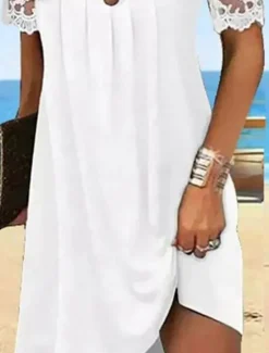 Outlet Women's Mini Dress Casual Dress A Line Dress Stylish Casual Vacation Daily Regular Fit Solid Color Short Sleeve Crew Neck Summer Women White Dresses