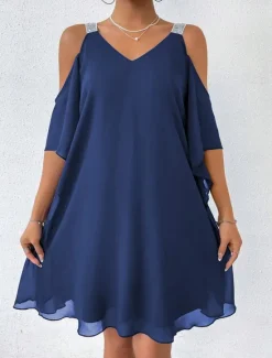 Sale Women's Mini Dress Cocktail Dress Wedding Guest Dress Chiffon Dress Elegant Cold Shoulder Daily Loose Fit Solid Color Sleeveless V Neck Summer Spring Fall Women Cocktail Dress