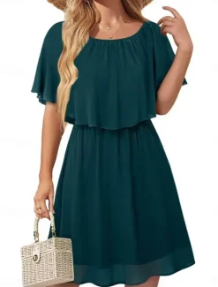 Hot Women's Mini Dress Cocktail Dress Wedding Guest Dress Chiffon Dress Formal Dress Elegant Streetwear Basic Party Wedding Guest Work Regular Fit Short Sleeve Crew Neck Black White Wine Green Summer Women Cocktail Dress
