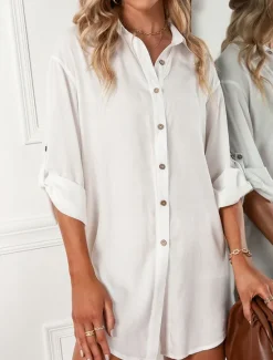Discount Women's Mini Dress Cotton Linen Dresses Shirt Dress White Cotton Dress Basic Casual Daily Regular Fit Plain Long Sleeve Shirt Collar White Summer Spring Women Dresses