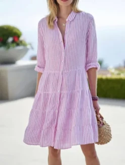 Clearance Women's Mini Dress Cotton Linen Dresses Shirt Dress Casual Dress Casual Vacation Daily Regular Fit Stripe 3/4 Length Sleeve Shirt Collar Summer Women Dresses