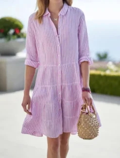 Clearance Women's Mini Dress Cotton Linen Dresses Shirt Dress Casual Dress Casual Vacation Daily Regular Fit Stripe 3/4 Length Sleeve Shirt Collar Summer Women Dresses