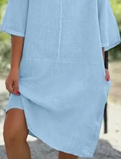Discount Women's Mini Dress Cotton Linen Dresses Casual Dress Basic Casual Vacation Daily Regular Fit Plain 3/4 Length Sleeve Crew Neck Yellow Wine Gray Light Blue Summer Women Dresses