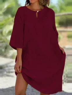 Discount Women's Mini Dress Cotton Linen Dresses Casual Dress Basic Casual Vacation Daily Regular Fit Plain 3/4 Length Sleeve Crew Neck Yellow Wine Gray Light Blue Summer Women Dresses