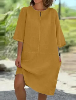 Discount Women's Mini Dress Cotton Linen Dresses Casual Dress Basic Casual Vacation Daily Regular Fit Plain 3/4 Length Sleeve Crew Neck Yellow Wine Gray Light Blue Summer Women Dresses