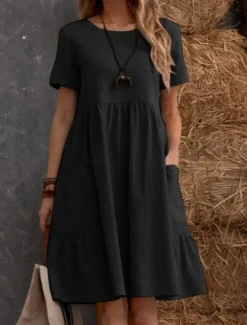 New Women's Mini Dress Cotton Linen Dresses Casual Dress Cotton Maxi Dress Basic Casual Vacation Daily Regular Fit Plain Short Sleeve Crew Neck Black Apricot Summer Women Dresses