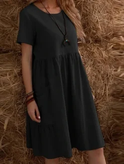 New Women's Mini Dress Cotton Linen Dresses Casual Dress Cotton Maxi Dress Basic Casual Vacation Daily Regular Fit Plain Short Sleeve Crew Neck Black Apricot Summer Women Dresses