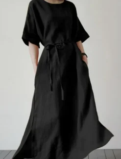 Best Women's Mini Dress Cotton Linen Dresses Casual Dress Basic Casual Vacation Daily Regular Fit Plain Half Sleeve Crew Neck Black Yellow Blue Summer Women Dresses