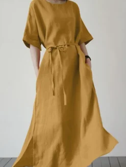 Best Women's Mini Dress Cotton Linen Dresses Casual Dress Basic Casual Vacation Daily Regular Fit Plain Half Sleeve Crew Neck Black Yellow Blue Summer Women Dresses