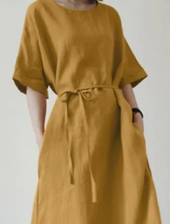 Best Women's Mini Dress Cotton Linen Dresses Casual Dress Basic Casual Vacation Daily Regular Fit Plain Half Sleeve Crew Neck Black Yellow Blue Summer Women Dresses