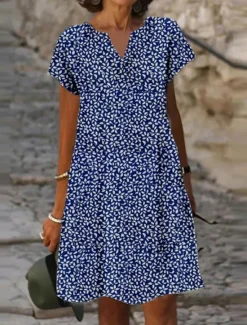 Sale Women's Mini Dress Cotton Spandex Jersey Floral Ruffle V Neck Casual Vacation Short Sleeve Summer Women Casual Dress