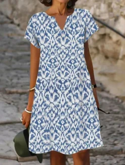 Sale Women's Mini Dress Cotton Spandex Jersey Floral Ruffle V Neck Casual Vacation Short Sleeve Summer Women Casual Dress