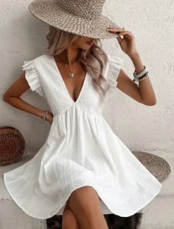 Sale Women's Mini Dress Cotton Linen Dresses Basic Casual Vacation Daily Regular Fit Plain Sleeveless V Neck Summer Women Dresses