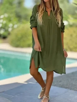 Clearance Women's Mini Dress Cotton Linen Dresses Basic Vacation Daily Regular Fit Plain Long Sleeve V Neck White Pink Green Khaki Summer Spring Women Dresses
