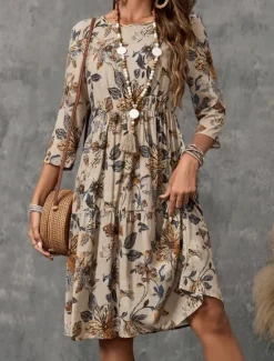 Online Women's Mini Dress Cotton Linen Dresses Casual Dress Basic Casual Vacation Daily Regular Fit Floral 3/4 Length Sleeve Crew Neck Summer Spring Women Dresses