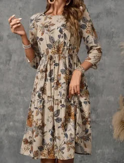 Online Women's Mini Dress Cotton Linen Dresses Casual Dress Basic Casual Vacation Daily Regular Fit Floral 3/4 Length Sleeve Crew Neck Summer Spring Women Dresses