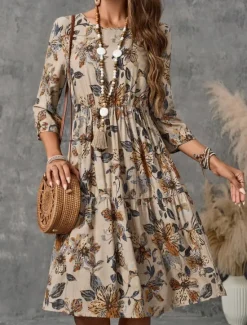 Online Women's Mini Dress Cotton Linen Dresses Casual Dress Basic Casual Vacation Daily Regular Fit Floral 3/4 Length Sleeve Crew Neck Summer Spring Women Dresses