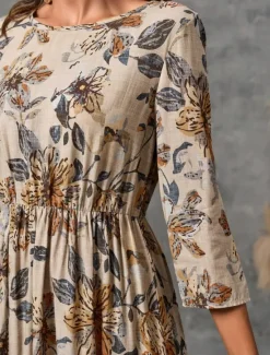 Online Women's Mini Dress Cotton Linen Dresses Casual Dress Basic Casual Vacation Daily Regular Fit Floral 3/4 Length Sleeve Crew Neck Summer Spring Women Dresses