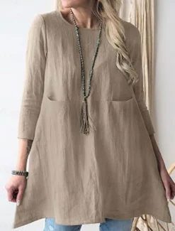 Women's Mini Dress Cotton Linen Dresses Casual Dress Stylish Basic Casual Vacation Daily Loose Fit Plain 3/4 Length Sleeve Crew Neck Green Khaki Dark Blue Summer Spring Fall Women Dresses