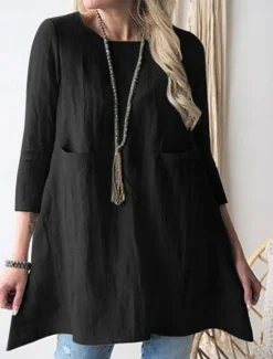 Women's Mini Dress Cotton Linen Dresses Casual Dress Stylish Basic Casual Vacation Daily Loose Fit Plain 3/4 Length Sleeve Crew Neck Green Khaki Dark Blue Summer Spring Fall Women Dresses