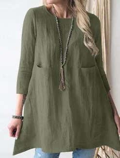 Women's Mini Dress Cotton Linen Dresses Casual Dress Stylish Basic Casual Vacation Daily Loose Fit Plain 3/4 Length Sleeve Crew Neck Green Khaki Dark Blue Summer Spring Fall Women Dresses