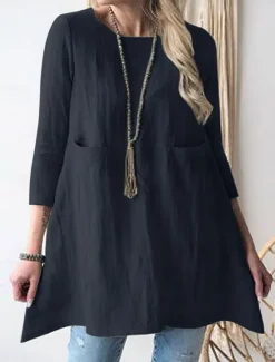 Women's Mini Dress Cotton Linen Dresses Casual Dress Stylish Basic Casual Vacation Daily Loose Fit Plain 3/4 Length Sleeve Crew Neck Green Khaki Dark Blue Summer Spring Fall Women Dresses