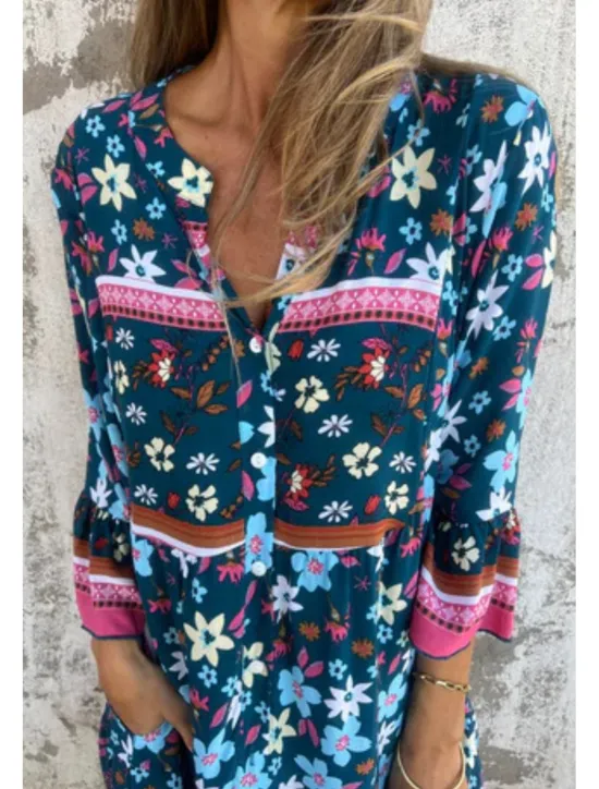 Sale Women's Mini Dress Cotton Linen Dress Boho Dress Classic Modern Vacation Daily Holiday Regular Fit Flower Half Sleeve V Neck Navy Blue Royal Blue Purple Summer Women Floral Dresses