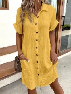Outlet Women's Mini Dress Cotton Linen Dresses Shirt Dress Winter Dress Casual Vacation Regular Fit Plain Short Sleeve V Neck Black White Yellow Blue Summer Women Dresses
