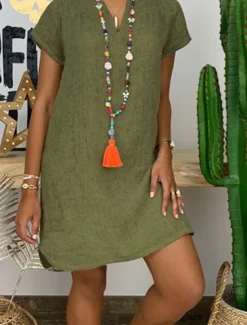 Hot Women's Mini Dress Cotton Linen Dresses Casual Dress Elegant Stylish Basic Vacation Work Daily Regular Fit Plain Short Sleeve V Neck White Yellow Blue Green Summer Spring Women Dresses