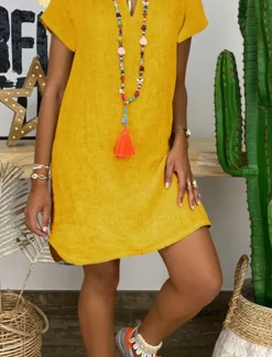 Hot Women's Mini Dress Cotton Linen Dresses Casual Dress Elegant Stylish Basic Vacation Work Daily Regular Fit Plain Short Sleeve V Neck White Yellow Blue Green Summer Spring Women Dresses