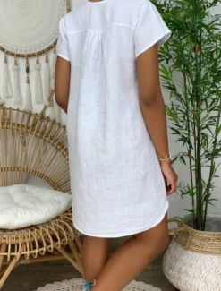 Clearance Women's Mini Dress Cotton Linen Dresses Casual Dress Basic Casual Vacation Daily Regular Fit Plain Short Sleeve Notched Neck Black White Yellow Army Green Summer Women Dresses
