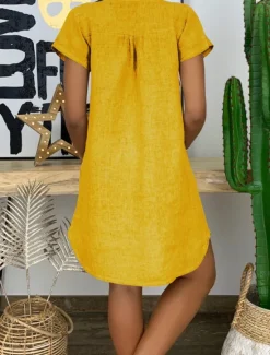 Clearance Women's Mini Dress Cotton Linen Dresses Casual Dress Basic Casual Vacation Daily Regular Fit Plain Short Sleeve Notched Neck Black White Yellow Army Green Summer Women Dresses