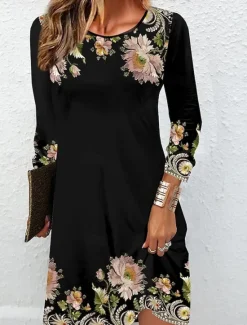 Discount Women's Mini Dress Crew Neck Long Sleeve Petite Dress T Shirt Dress Tee Dress Spring Dress Elegant Stylish Street Casual Regular Fit Floral Summer Spring Fall Women Cocktail Dress