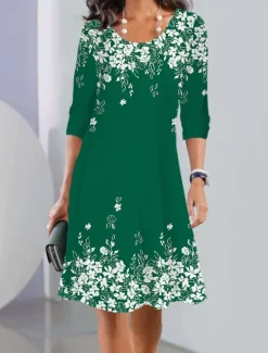 Hot Women's Mini Dress Crew Neck Long Sleeve Petite Dress T Shirt Dress Tee Dress Print Dress Fashion Modern Outdoor Street Loose Fit Floral Wine Navy Blue Green Women Spring Dresses|T Shirt Dresses