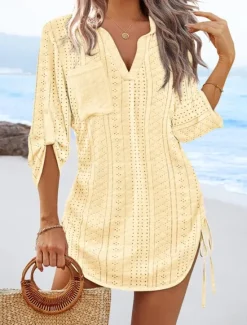 Discount Women's Mini Dress Cut Out Dress Sexy Dress Elegant Casual Daily Regular Fit Solid Color Long Sleeve V Neck Black White Yellow Pink Fall Women Vacation Dresses